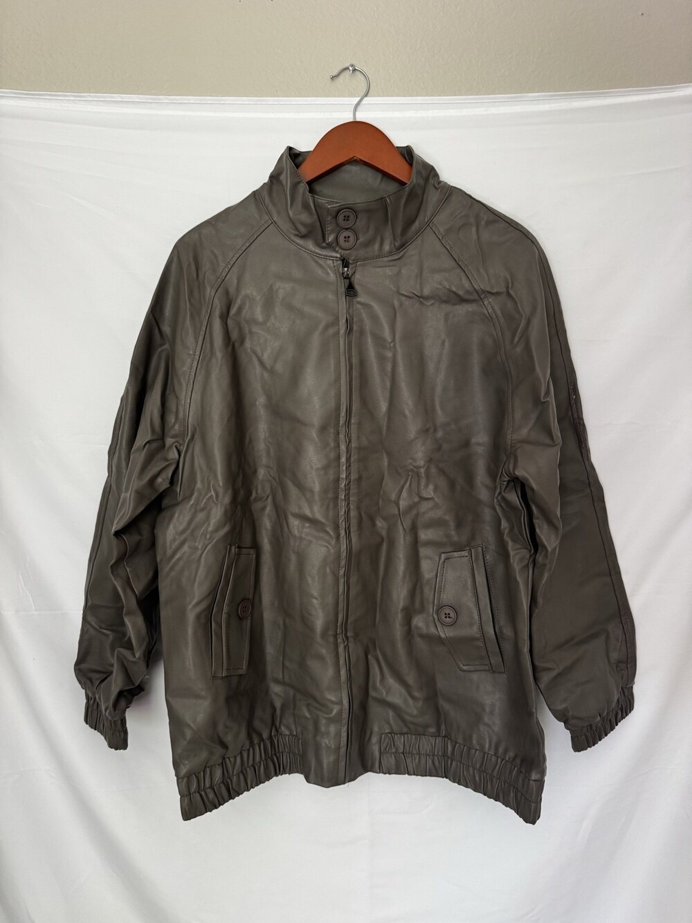 Canaelia Olive Green Faux Leather Jacket Size L Zip Front Utility NWT